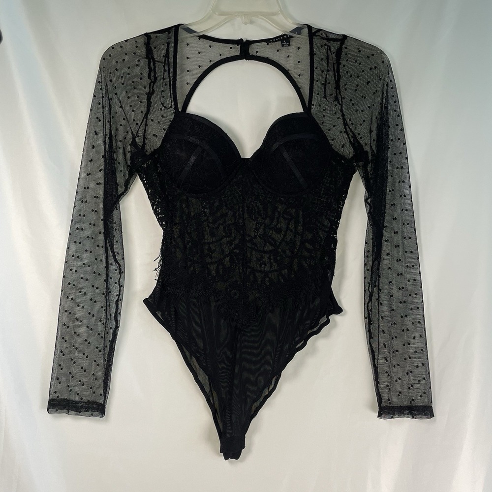 Haute Monde Women's L Sexy Floral Lace Sheer Mesh Cami Bodysuit Black Underwire